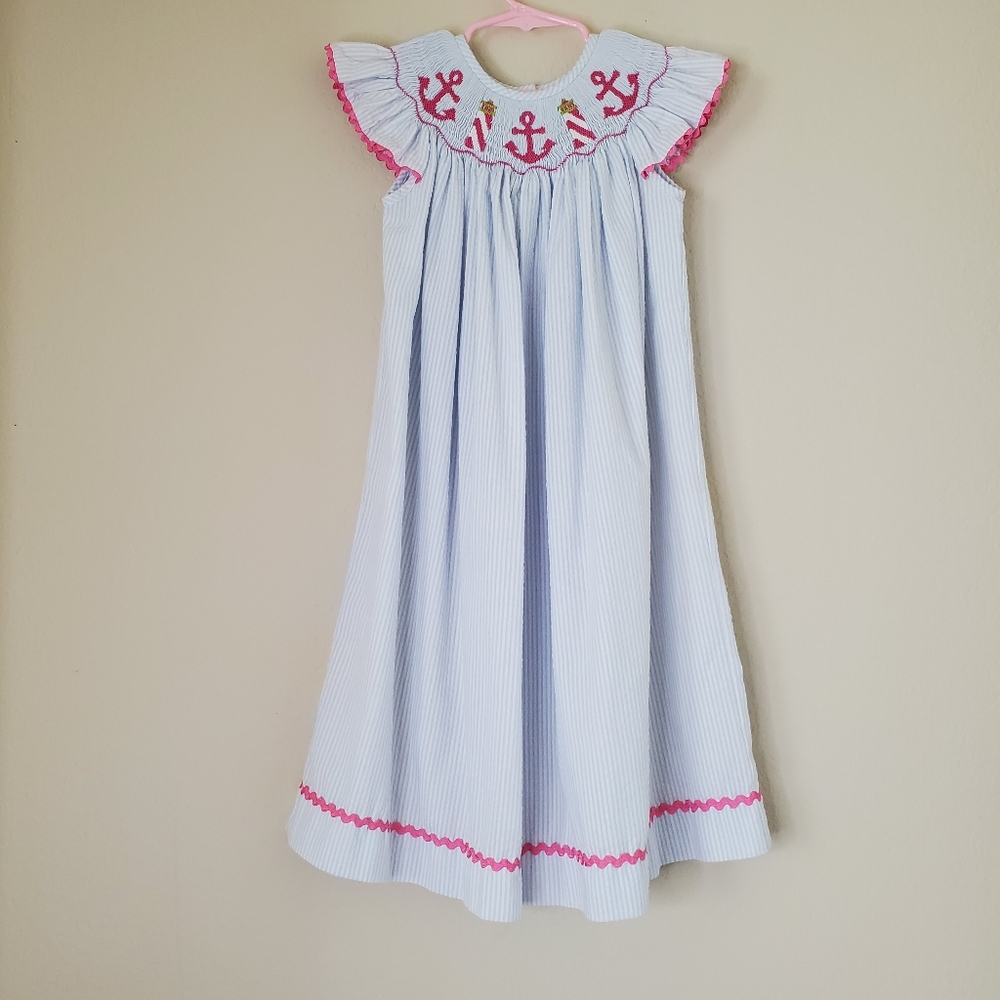 Banana Split Girls Smocked Seersucker Dress Size 5 Blue Pink Nautical Classic